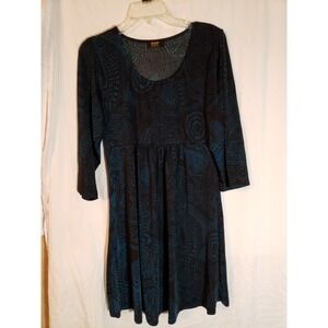 Women's R&B Collection Black And Teal Print Long Sleeve Dress Size L